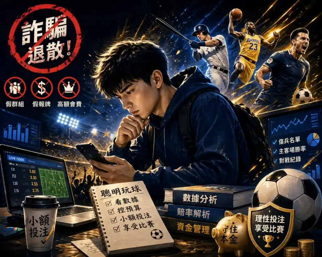 運彩分析防詐教學圖,呈現學生利用數據與資金管理理性投注的情境
