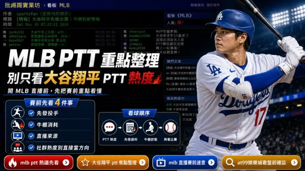 MLB PTT熱門討論整理，聚焦大谷翔平表現、先發投手分析與MLB直播賽前重點資訊。